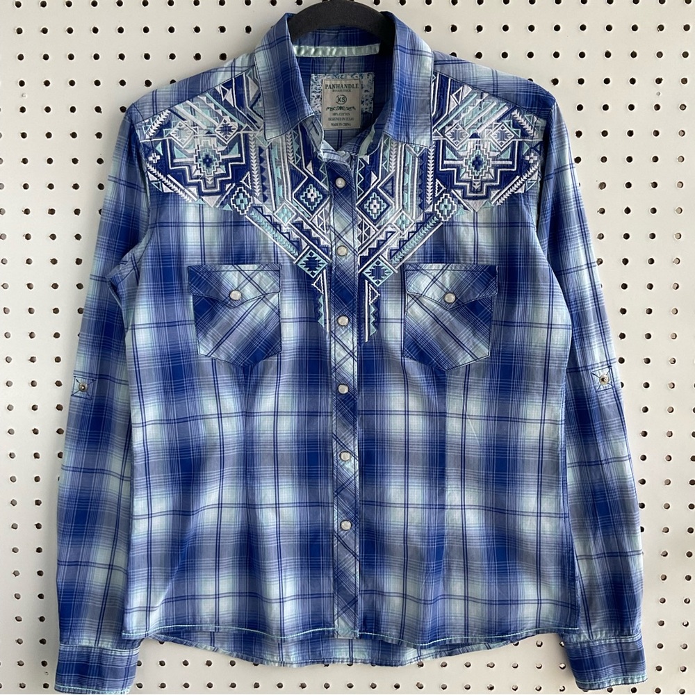 Panhandle Western Cowgirl Top Embroidered Plaid Pearl Snap Size XS Blue White